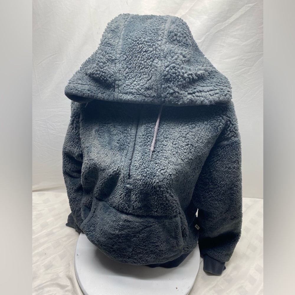 Vans Off The Wall Sherpa Hooded Fleece Half Zip Dark Gray Fuzzy California Y2K